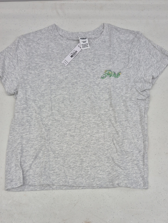 PINK Victoria's Secret Tops - PINK Victoria's Secret Heather Gray Short Sleeve Tee with Green Script Logo